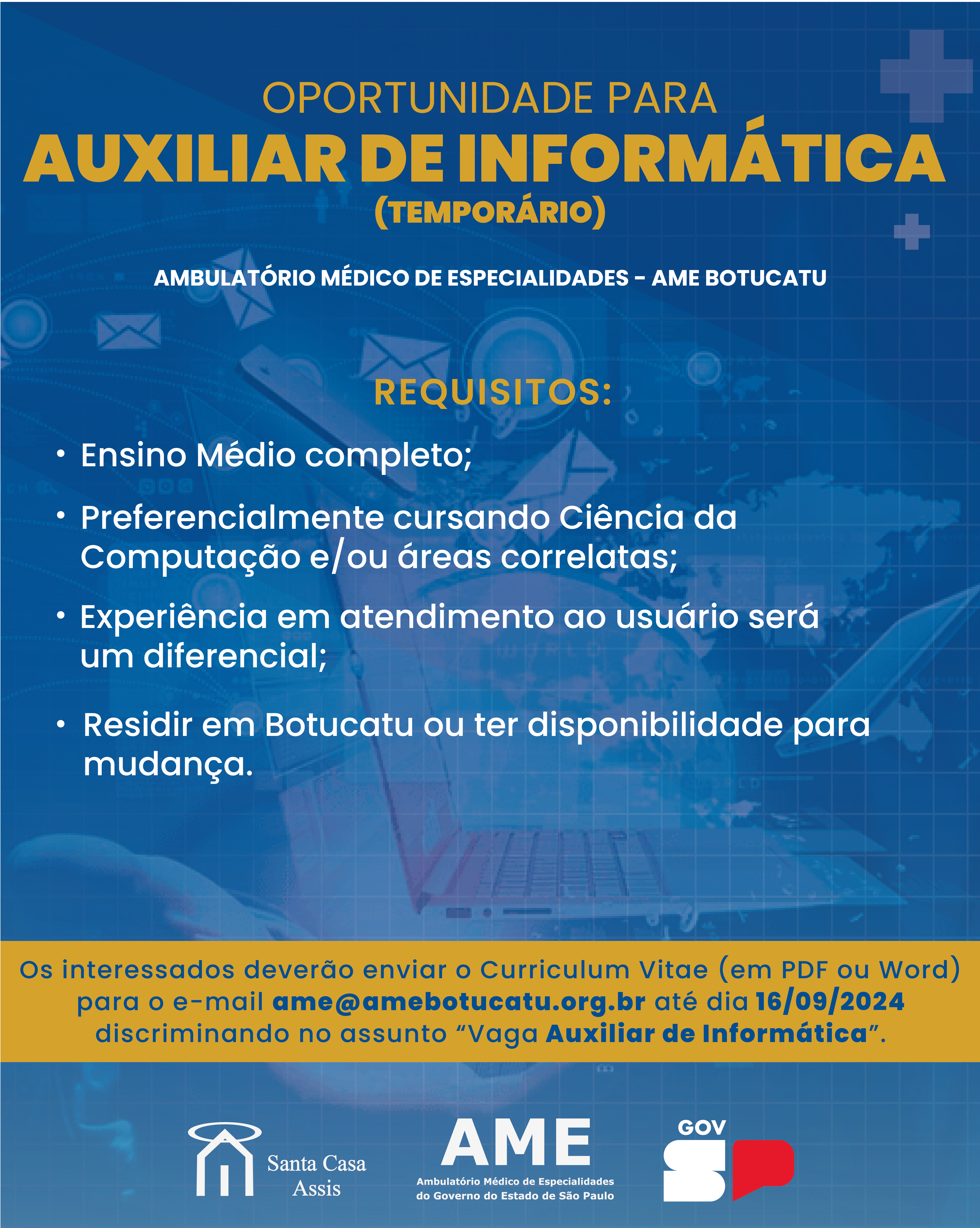 OPORTUNIDADE AME BOTUCATU - ASSISTENTE DE INFORMÁTICA